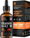Flytande vitamin D3 K2 10000 iu & 200 mcg - D-vitamin med MK7 Vitamin K2 droppar - Bone Density & Heart Support Liquid Vitamins för kvinnor och män, Hög Absorption Vit K2 D3 Vitamin Supplement - 2 fl oz