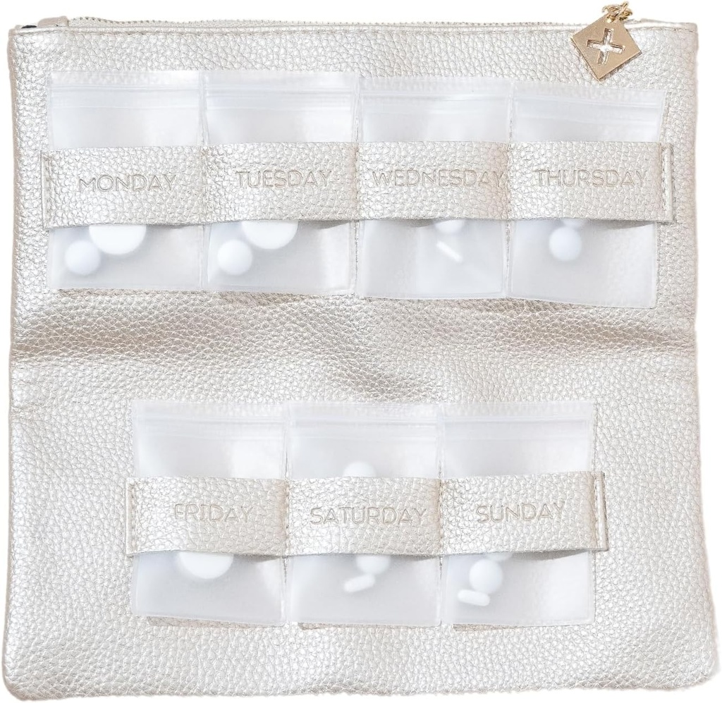 Dosy Gold Era 7-dnevna zapornica tablete - Vegan Usnje Daily Pill Organizer - Luksuzna potovalna vrečka, Airtight tabletke Žepek za shranjevanje in zaščito zdravil - Stylish tablete Sorter & Medication Organizator – Gold