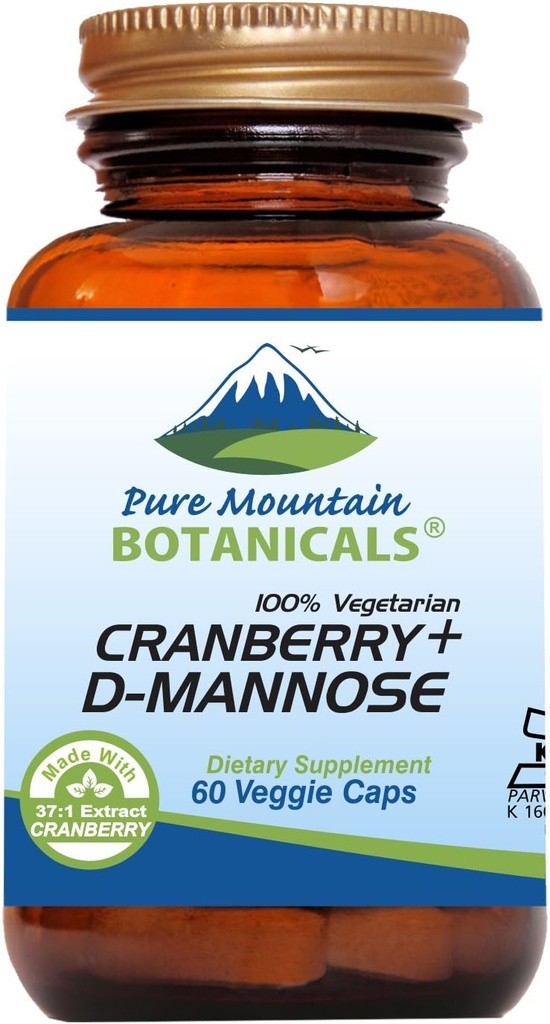 Pure Mountain Botanicals Cranberry D Mannose Capsules - 60 Kosher Vegan Caps - 1000mg D Mannose Cranberry koncentrátummal Plus C-vitamin