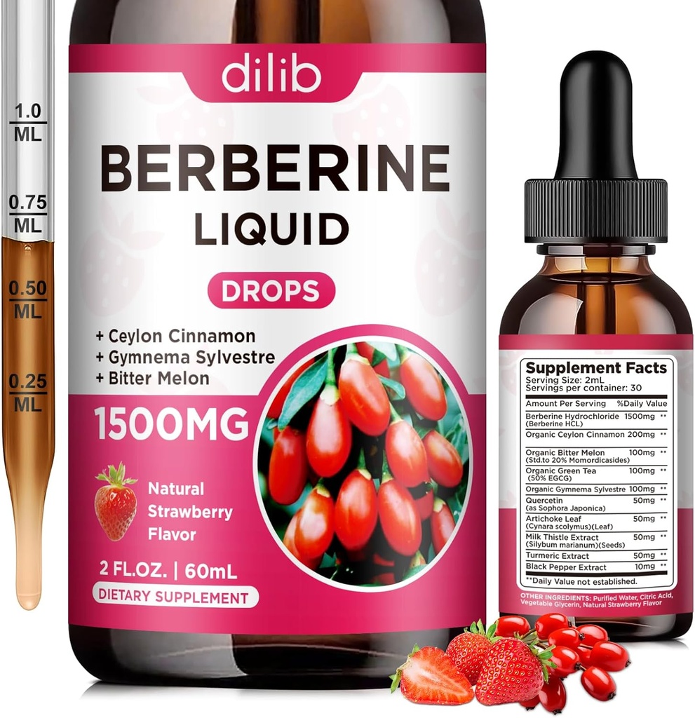 Beberine Suplemento gotas líquidos - Berberine HCL 1500mg con canela de Ceylán, Melón de Bitter, Gymnema Sylvestre para Immune, Sistema de Digestión " Salud del Corazón, Sabor de Fresa Natural, 2 Fl Oz