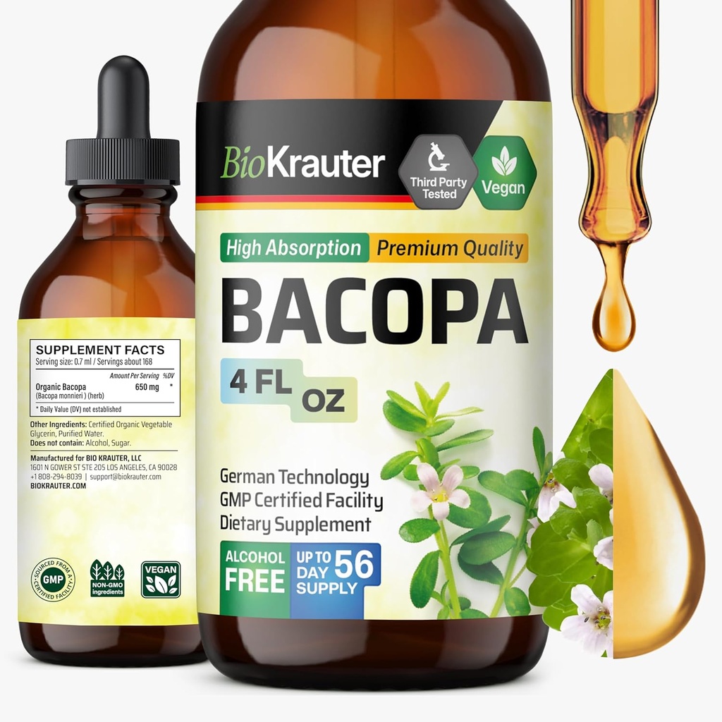 BIO KRAUTER Bacopa Monnieri supplement Liquid - Brain Support Brahmi - Alcohol " Sugar Free Liquid Bacopa Herb drops 4 Fl.Oz.