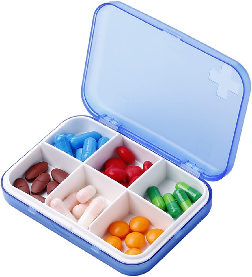 Pilula-antolatzaile eramangarria - Purse edo Travel-eko Slim Pill Box, Compact Pill Case (6 Compartment,Blue)