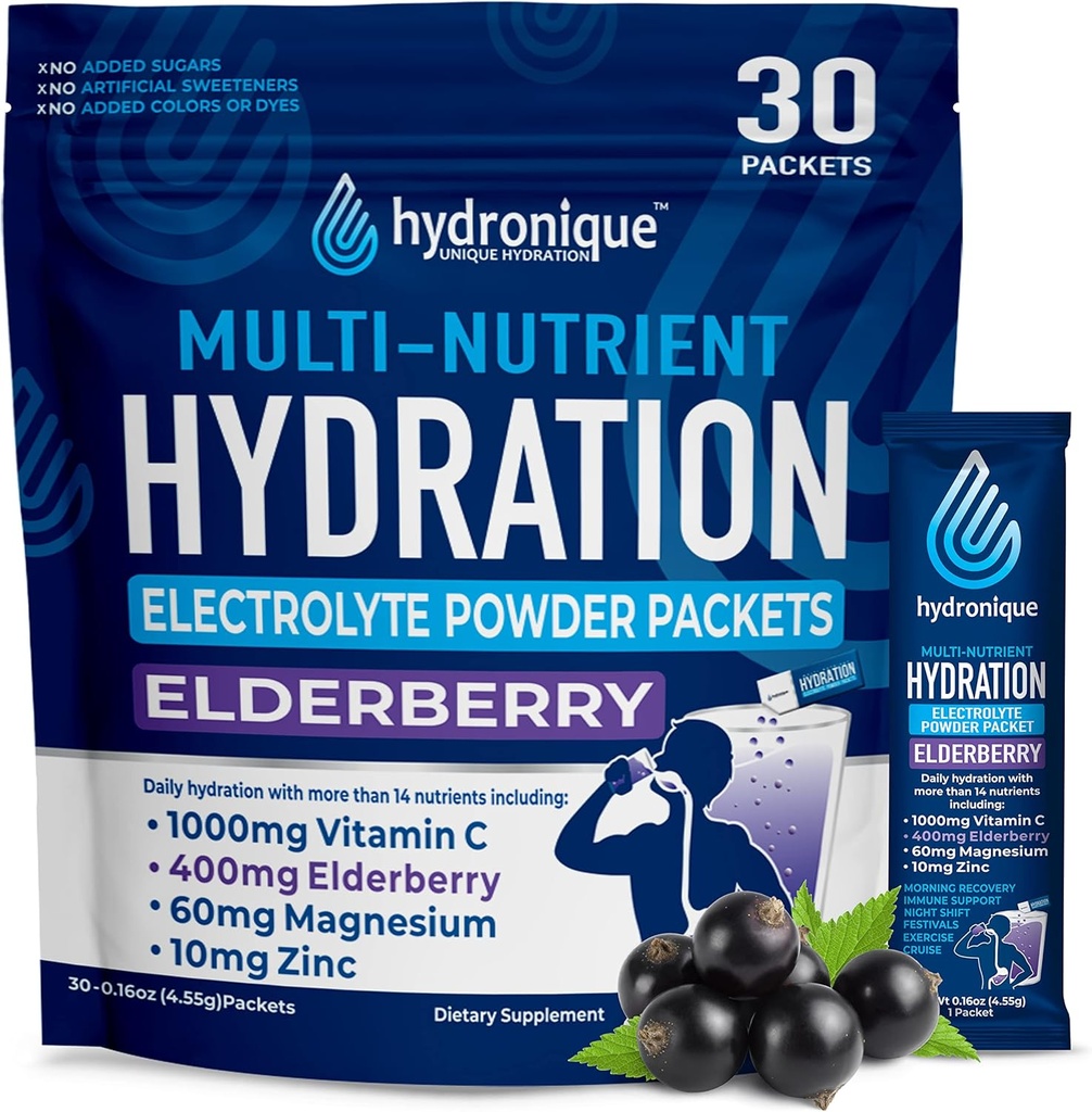 Hydronique Hydration Packets - ниско съдържание на натриеви електролити на прах - 54mg Натриеви витамини, минерали, антиоксиданти - Елдърбери Флавор (... опаковки)