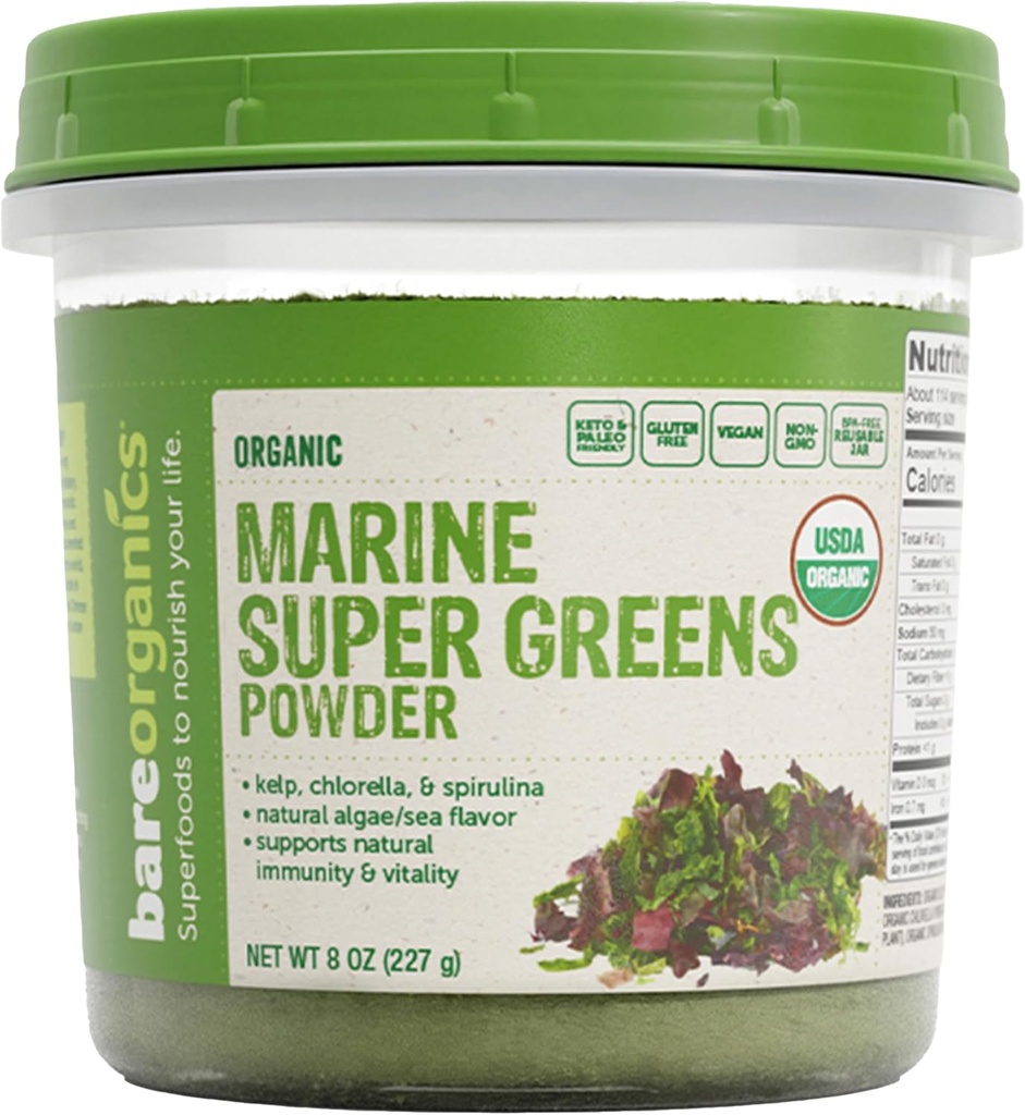 BareOrganics Marine Super Greens Toz | USDA Organik, Gluten-Free, Vegan, Non-GMO, Honda-Free | Kelp, Chlorella, Spirulina, 8oz
