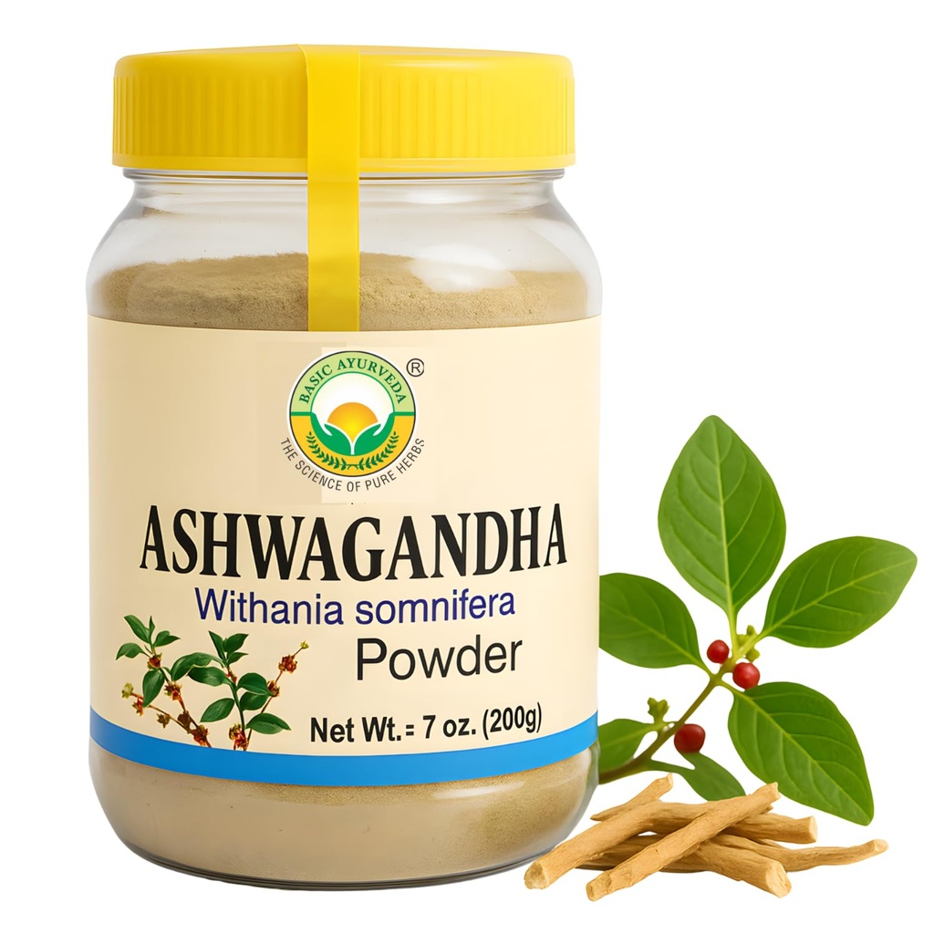 BASIC AYURVEDA Ashwagandha Root Powder ← Withania Somnifera Herbal Powder for Smoothies, Tonics & Recipes ← Natural Ayurvedic Ingredient ← No Fillers, No Additives ← 7.05 Oz (200g)