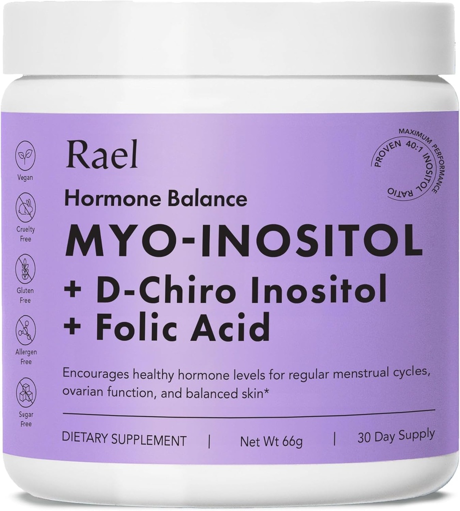 Rael Hormone Balance for kvinner, Inositol pulver Supplement - Ovarian funksjon støtte, vitamin B8, 40:1 Proven forholdet, Folinsyre, Vegan (30 Serveringer)