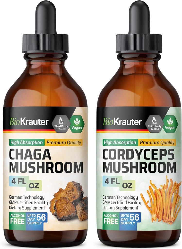 BIO KRATER Chaga Sēņu Tincture 4 Fl. Oz. & Cordyceps Sēņu Tincture 4 Fl. Oz.