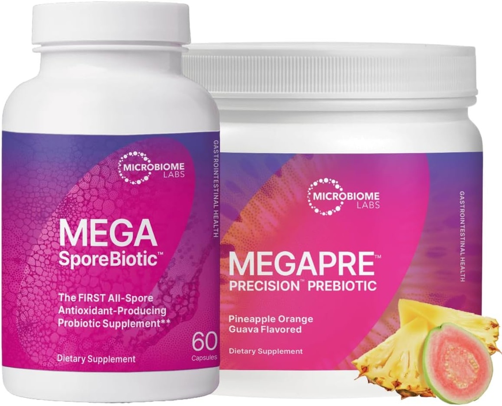Mikrobiome Labs MegaSporeBiotic (60 kapsúl) + MegaPre (5,5 oz prášok) Probiotikum Bundle - Spore-Based Probiotic s Prebiotické Fiber Powder