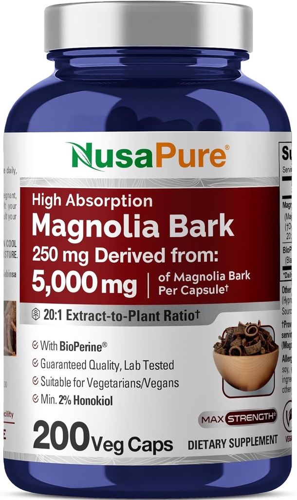 NusaPure Magnolia Bark 20:1 Extracto, 250 mg Equivalente a 5.000 mg 200 cápsulas vexetarianas non GMO