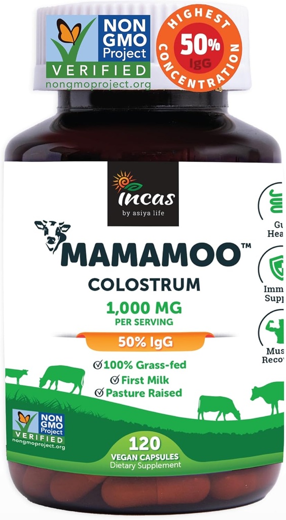MamaMooTM Colostrum Powder >50% IgG, Grass Fed, First Non GMO Kontrollitud ternespiim, Soolestiku Tervise Bloating Immunity Nahk & juuksed, Sisaldab 400+ bioaktiivseid toitaineid, Kolmanda osapoole Lab Testitud (120 kapslit)