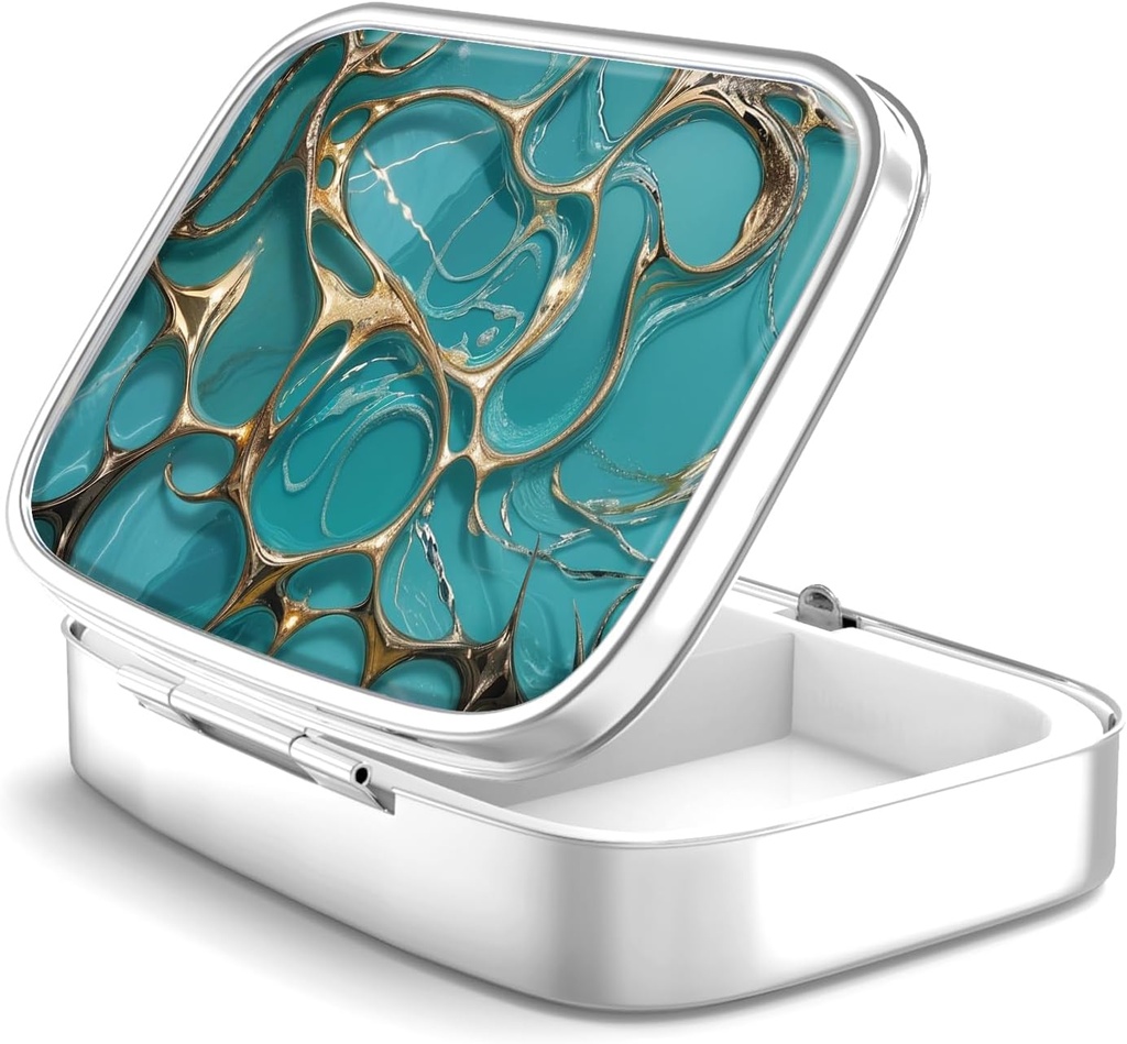 Pill Box 2 Commissite Small Pill Case, Portable for Pocket or Purse Pill Organizer Pill Container Holder to Hold Vitamins, Medication, Fish Oil and Supplements (Turquoise Green Marble)