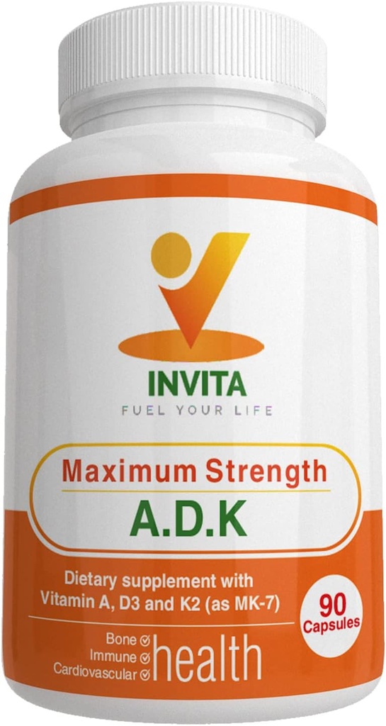 INVITA ADK - Vitamins A1, Vitamin D3 5000 IU & K2 MK7 Supplement - Physician Formulated Bone & Immune System Support - Gluten Free, Non-GMO - 90 Vegetarian Capsules for Men & Women