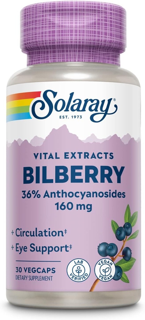 SOLARAY Bilberry Extract 160 mg, Eye Health & Circulation Support, 36% Anthocyanosids Plus Blueberry, Vegan, 30 VegCaps