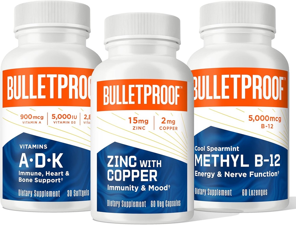 Bulletproof Tripla Threat Strength Bundle, Vitamine A-D-K, 30 Softgels, Zinco con Rame, 60 capsule, Methyl B-12, Gusto di spearmint, 60 Lozenges
