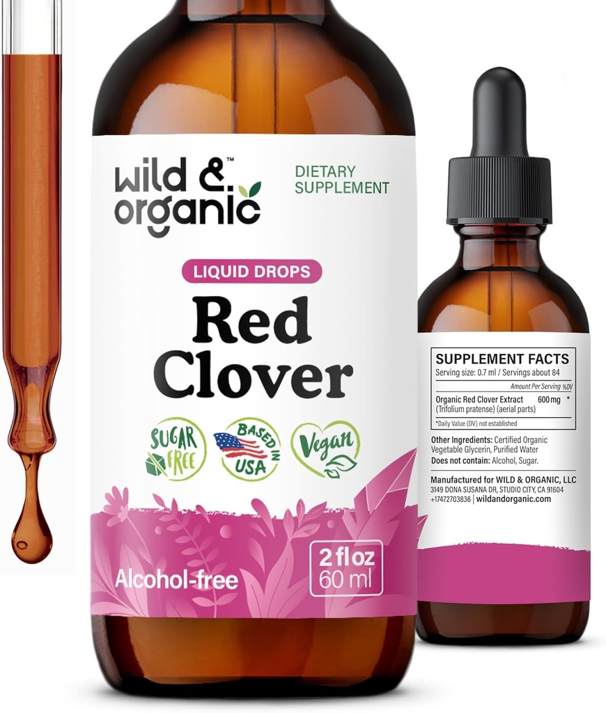Wild & Organic Red Clover Extract Drops - vaihdevuodet lisäravinteet naisille - 600 mg Liquid Red Clover Tincture - 1 kuukauden toimitus - Trifolium Pratense Blossom - Sokerin ja alkoholin vapaa - 2 oz