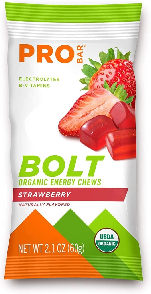 PROBAR - Bolt Organic Energy Chews, Strawberry, Non-GMO, Gluten-Free, USDA Certified Organic, Healthy, Natural Energy, Fast Fuel Gummies with Vitamins B & C, 9 Count (Pack of 1)