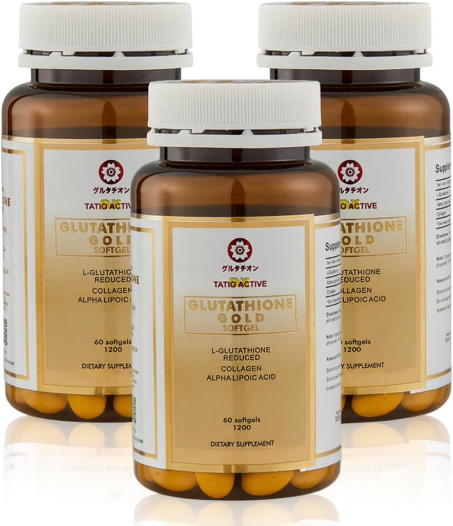 Fabriqué au Japon Capsules de glutathion d'or de pointe avec collagène, vitamine C, et suppléments antioxydants pour la peau radiante, l'aspect jeune, la production de collagène et même le tonus de peau – 3 bouteilles