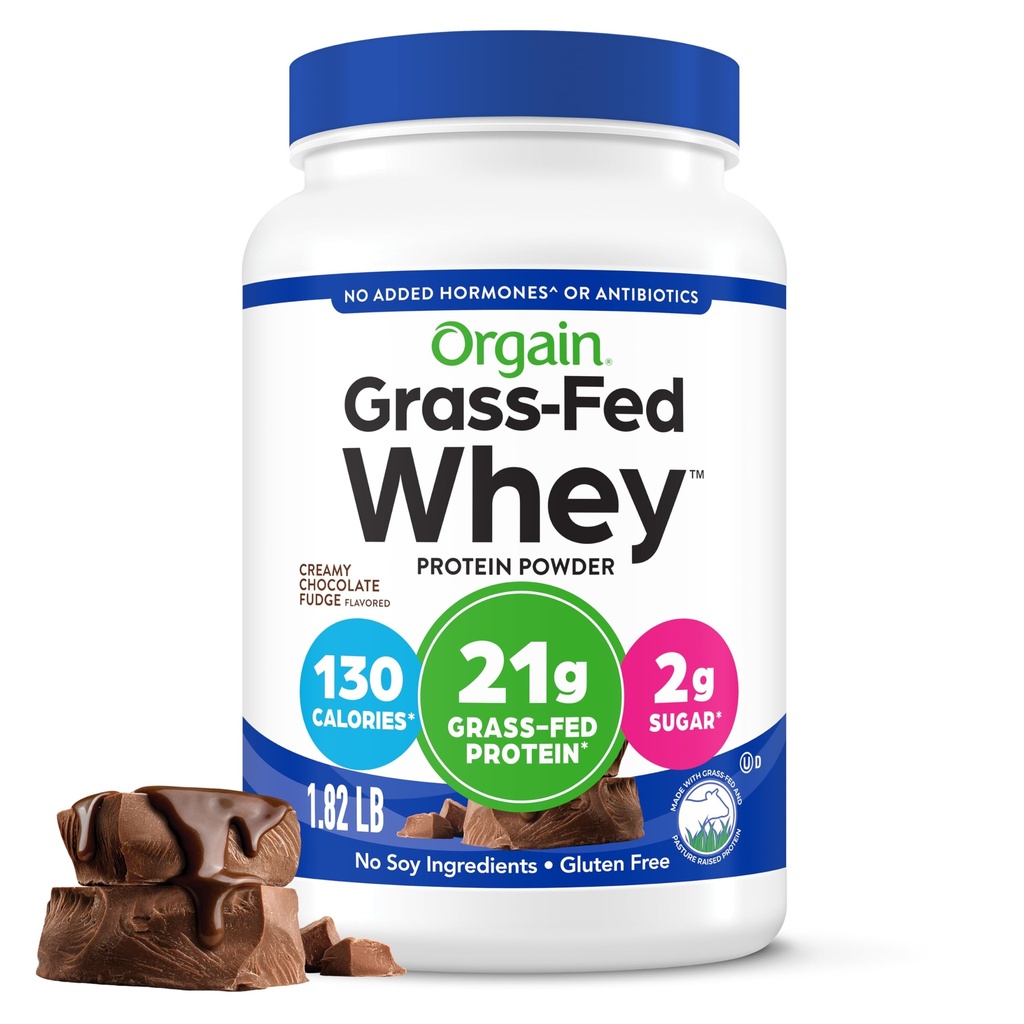 Orgain Whey Protein Powder, Creamy Chocolate Fudge - 21g Grass Fed Dairy Protein, 5g BCAAs, 4g Prebiotic Fiber, 2g Sugar, No Added Hormones, Gluten Free, Kosher, For Shakes & Smoothies - 1.82lb