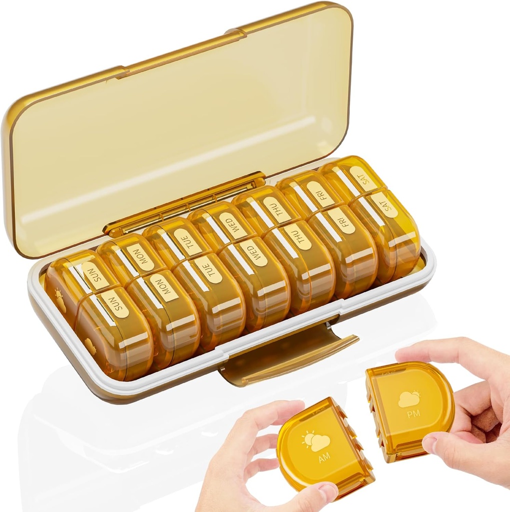 Weekly Pill Organizer 2 Times a Day, Large 7 Day Am Pm Pill Box - Acedada Twice Daily Pill Case with Detachable Day night Design, Medicine Container Holder for Vitamin, Fish Oils, supplements, Amber