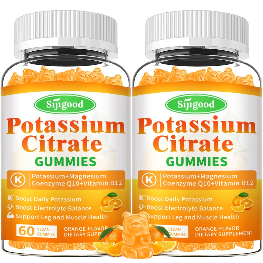 2 Pack Potassium Citrate Gummies – High Potency Potassium Supplement for Muscle Health, Leg Cramp Relief, Electrolyte Balance – Vegan, Non-GMO, Gluten-Free, Orange Flavor, 120 Count