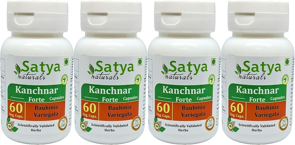 Kanchnar Forte Capsules 500 mg. 60 Veg. Capsule | Kanchnar (Bauhinia Variegata) Extracto de cápsulas para homes e mulleres | Suplemento de herbas ayurvédica / remedios | 10:1 Forte (4 Botellas de 60 cápsulas)
