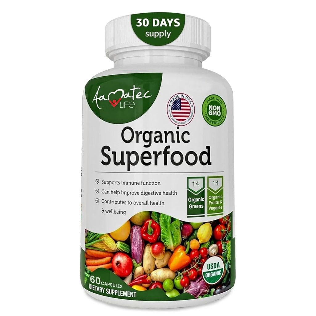 Organic Superfood Greens Fruits and Veggies Complex - Dietary Supplement with 14 Greens and 14 Fruits & Vegetables with Alfalfa Rich in Antioxidant Organic Ingredients Non-GMO, 60 Count