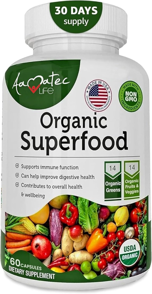 Organic Superfood Greens Fruits and Veggies Complex - Nahrungsergänzung mit 14 Greens und 14 Obst- und Gemüsesorten mit Alfalfa Rich in Antioxidant Organic Ingredients Non-GMO 60 Kapseln