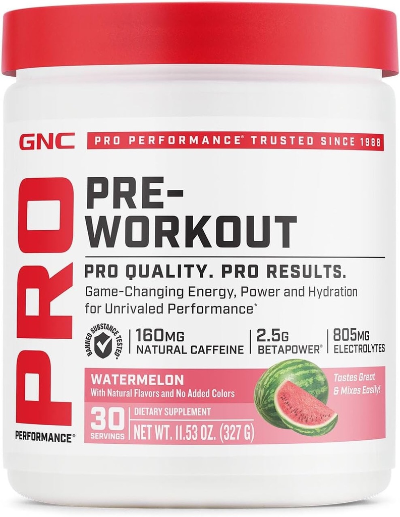 GNC Pro Performance Pre Workout Powder para homes e mulleres, enerxía, hidratación e foco, Sugar Free, Gluten Free, Performance Supplement, Watermelon, 30 servizos