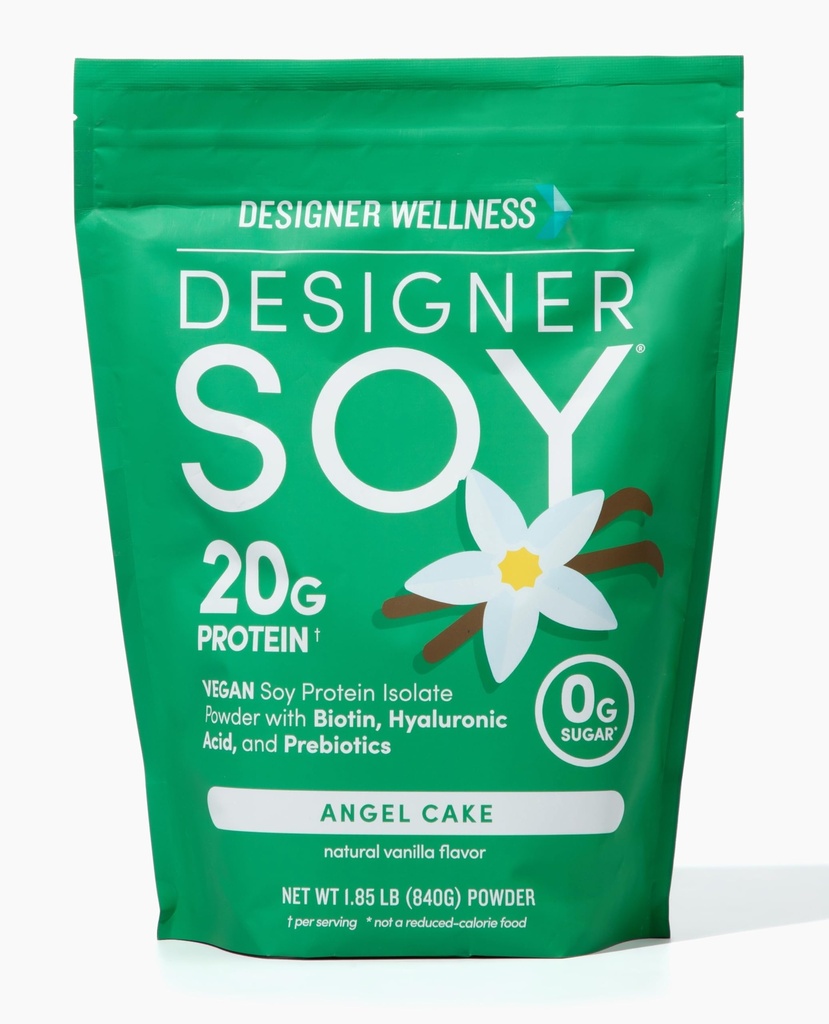 Designer Wellness, Soy Isolate Protein Powder with Biotin, Hyaluronic Acid, and Prebiotics, Vegan, 0 Sugar, Non-GMO, Angel Cake Vanilla, 1.87 lb