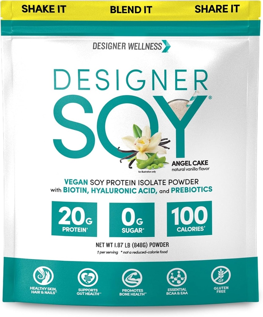 Designer Wellness, Soy Isolate Protein Pulver mit Biotin, Hyaluronsäure und Präbiotika, Vegan, 0 Zucker, Non-GMO, Angel Cake Vanilla, 1,87 lb