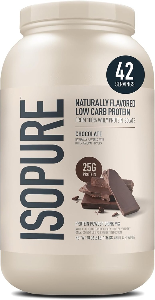 Isopure Low Carb 100% Pure Whey Isolate Protein Powder, Lactose Free, Gluten Free, Med vitaminer, Chokolade, 25g Protein Per Servering, 3 Lbs, 39 Servering (Packaging May Vary)