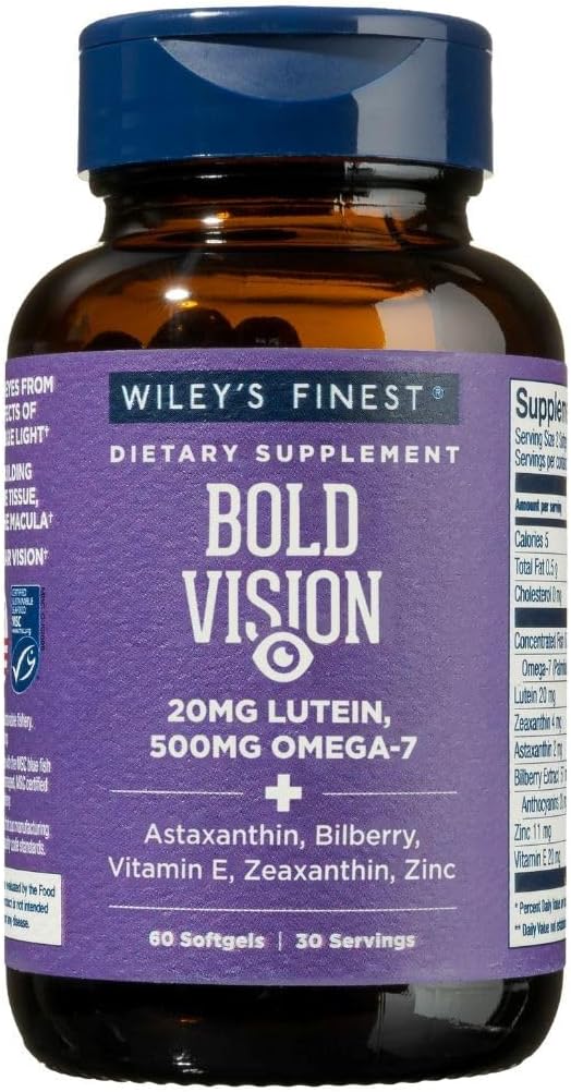 Wiley's Finest Wild Alaskan Fish Oil Bold Vision - Fish Oil Eye Health Supplement Lutein, Zeaksantiini, Mustikka, Omega-7, E-vitamiini ja Sinkki - 60 Softgels (30 Servings)