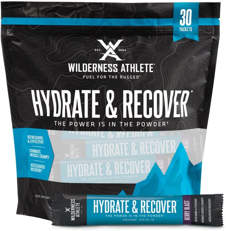 Wilderness Athlete - Hydrate & Recover | Liquid Hydration Packets Electrolyte 음료 믹스 - Bcaas와 패스너를 복구 - 30 싱글 서빙 Hydrate Packets (Berry Blast),0.49 Ounce (Pack of 30)