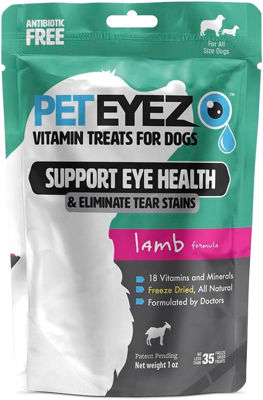 PetEyez Tear Stain Remover Vitamin Treats for Dogs - Support Eye Health & Reduce Itching & Tear Stain Buildup - 100% Natural Dog Treats Superfood, Antioxidants & Nutrients - Lamb Flavor - 1oz