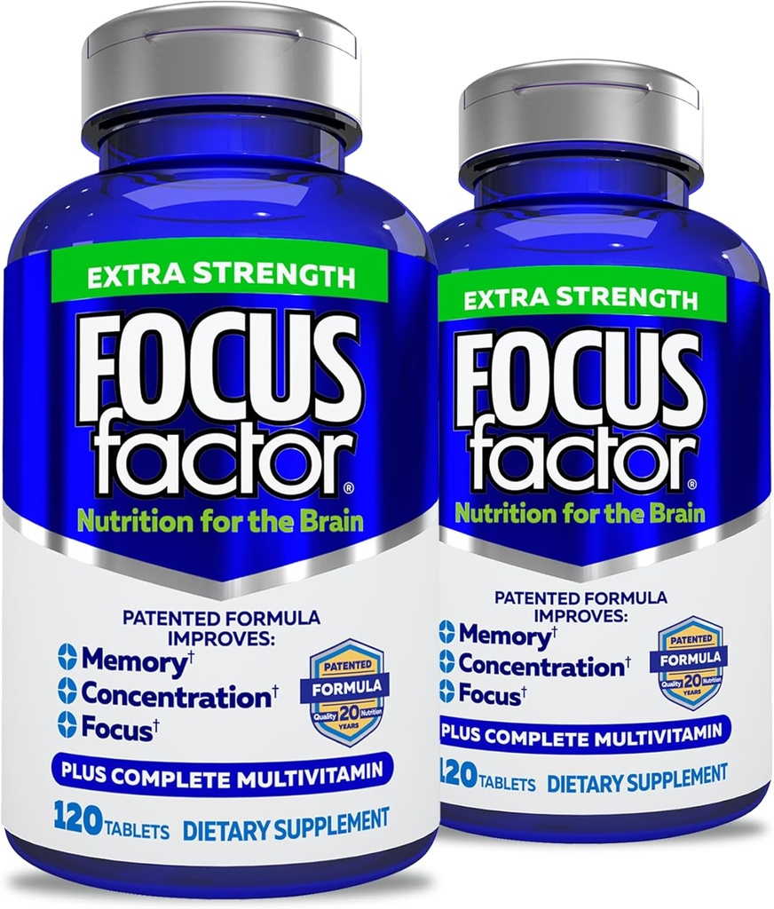 Focus Factor Adults Extra Styrke, 120 Count-Brain Supplement for minne, konsentrasjon, fokus - DMAE, Vitamin D, DHA-Brain Health Supplement - Trusted Formula-Hjerne Vitaminer, Fokuspiller (2 pk)