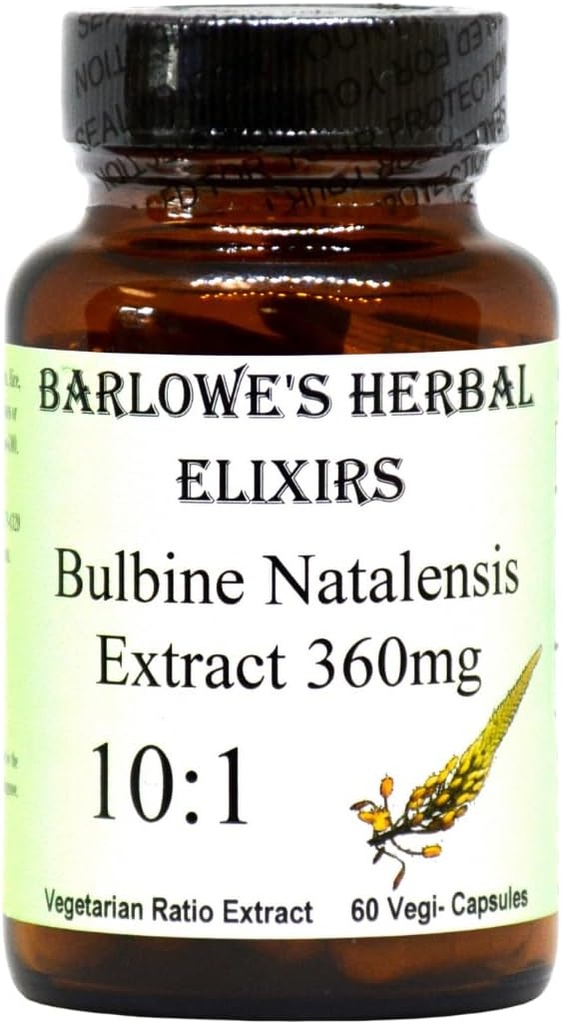 Barlowe 's Herbal Elixirs Bulbine Natalensis CLAS124; 10: 1 Extract CLAS124; 360mg per Capsule CLAS124; 60 Veggie Capsules CLAS124; Lahvička ve skle CLAS124; Stearate Free