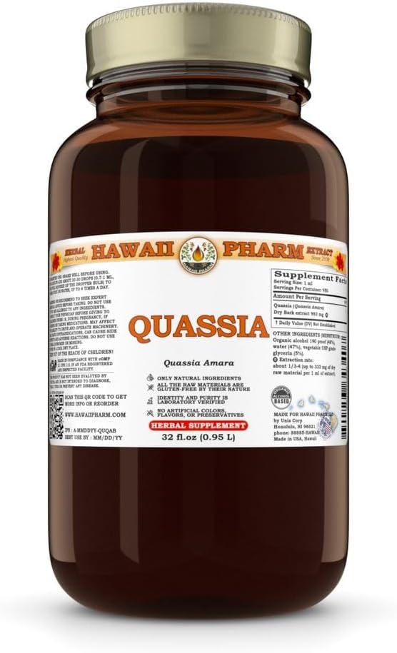 Quassia (Quassia Amara) Tørr Bark Tinktur, laget i Hawaii, Alt naturlig, Vegan, ren flytende ekstrakt - 32 fl.oz