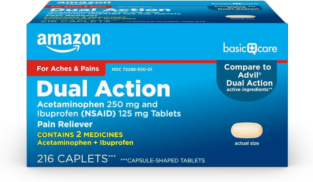   Basic Care Dual Action Acetaminophen 250 mg and Ibuprofen (NSAID) 125 mg Tablets, 216 Count