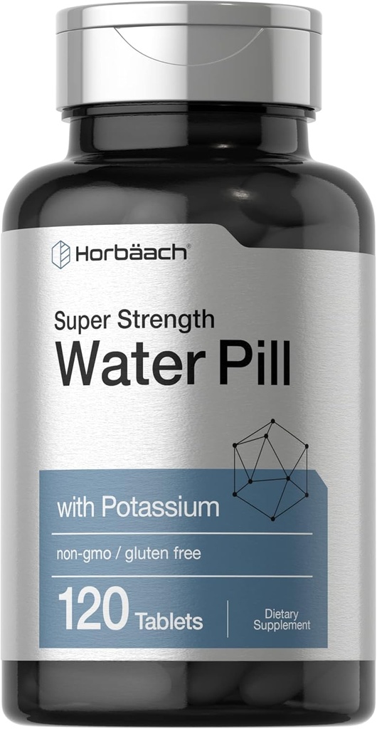 Horbäach Water Pills - Super Strength with Potassium - 120 Tablets , Vegetarian, Non-GMO, Gluten Free supplement