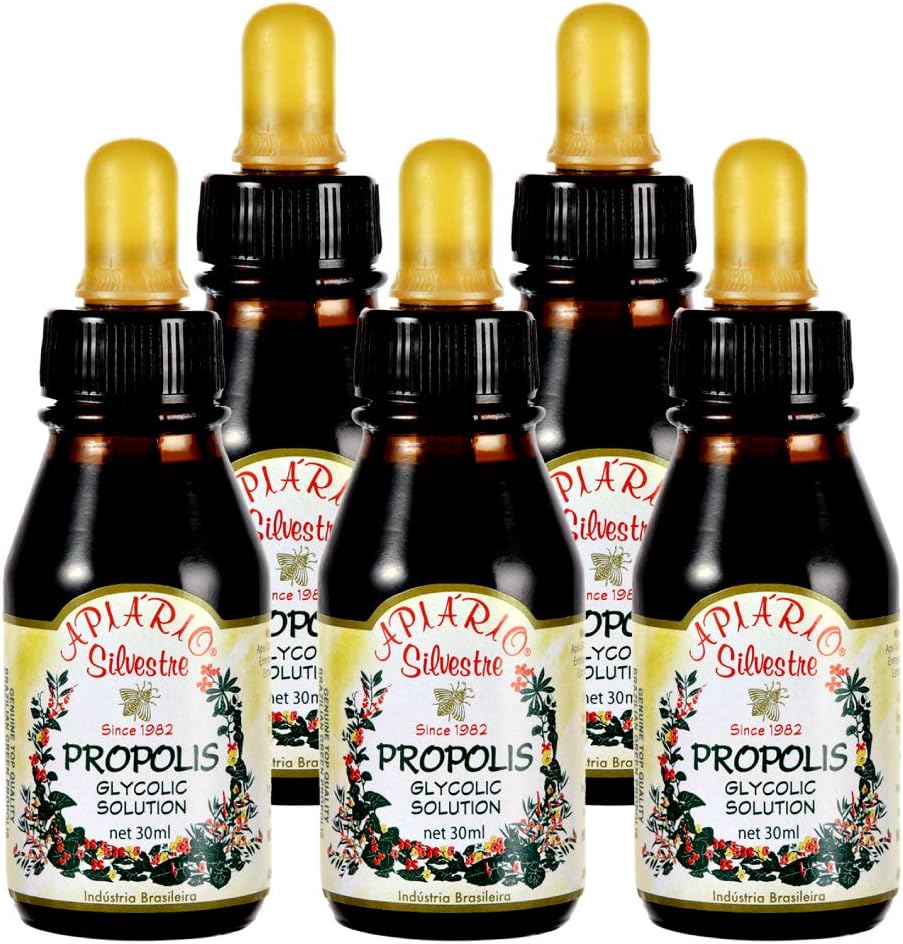 Distribuidor oficial - 5 botellas de Apiario Silvestre Brasileño Green Bee Propolis Liquid Glic Extract-Non Alcoholic, Wax Free, Sugar Free (PG)