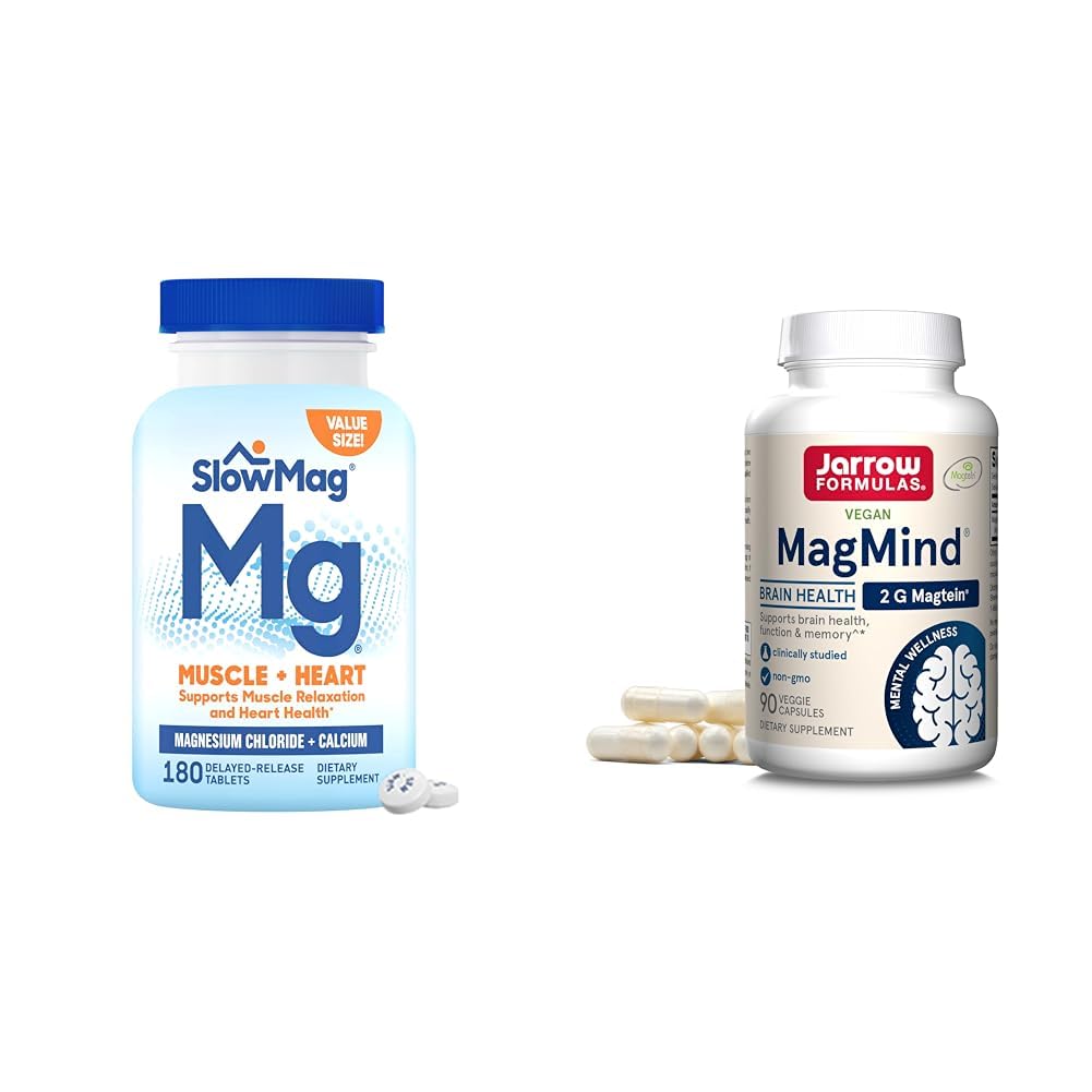 SlowMag Muscle + Heart Magnesium Chloride with Calcium Supplement to Support Muscle Relaxation & Jarrow Formulas MagMind Brain Health with Magtein (Magnesium L-Threonate), Dietary Supplement