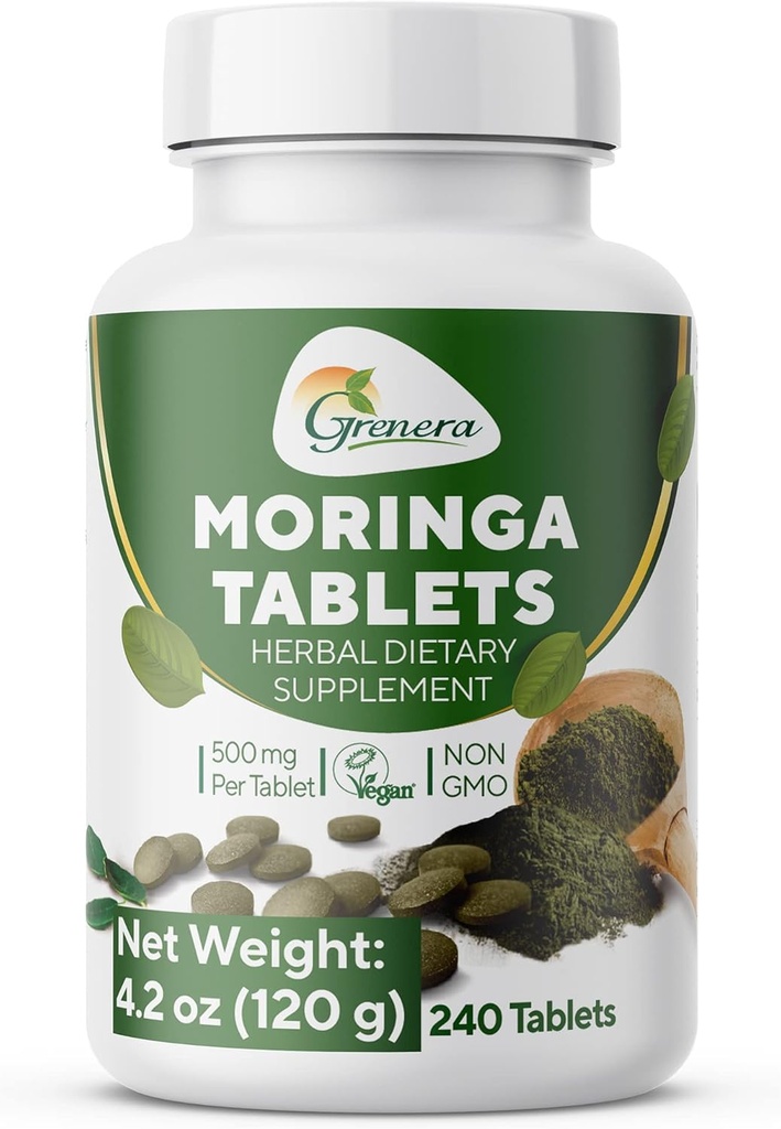 Grenera Moringa Tablets 240 nos, katmata Malunggay Taimne täiendus, Ilma keemilise katteta, Roheline Superfood, Lab Testitud Puhtus