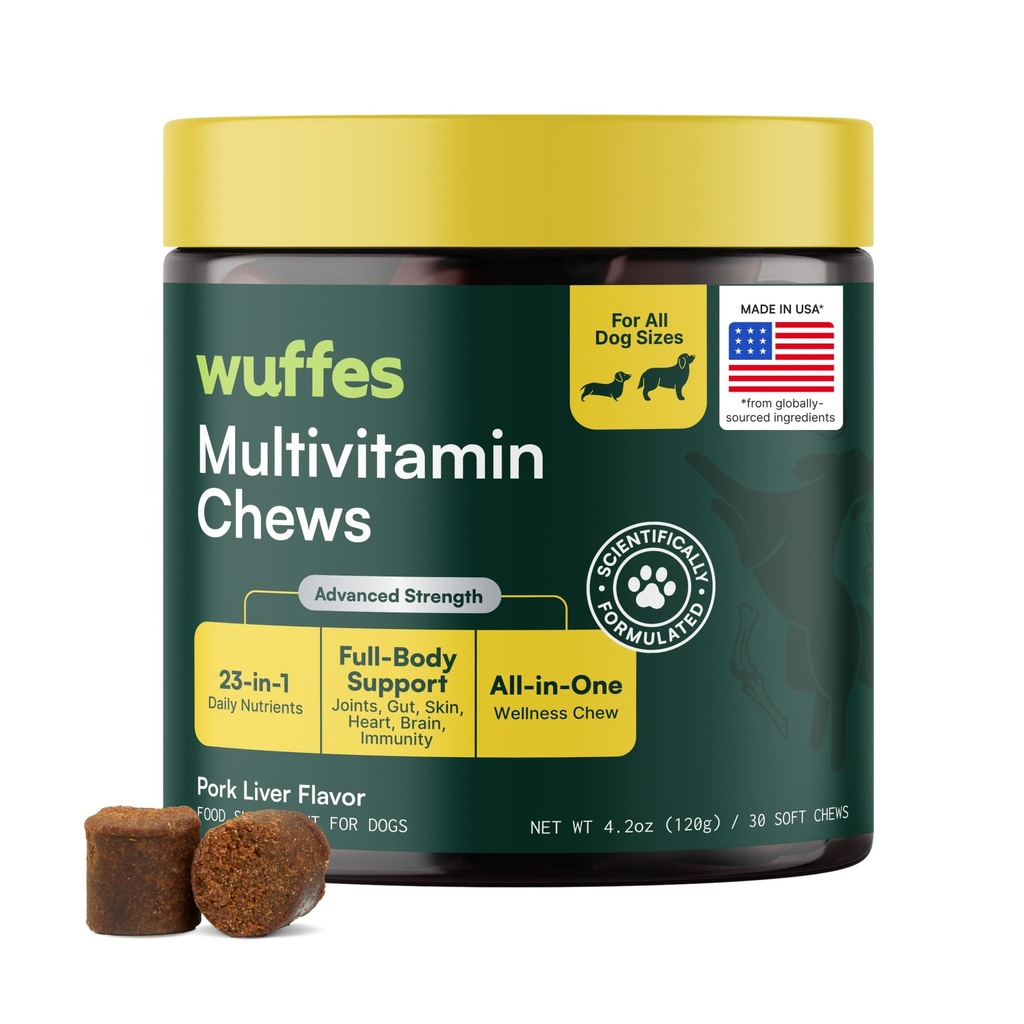 Wuffes 23-in-1 Dog Multivitamin Soft Chews Skin & Coat, Immune + Gut Health Support - Vitamins & Minerals with Omega-3, Iron & Zinc for Puppies & Senior Dogs, 30 Ct