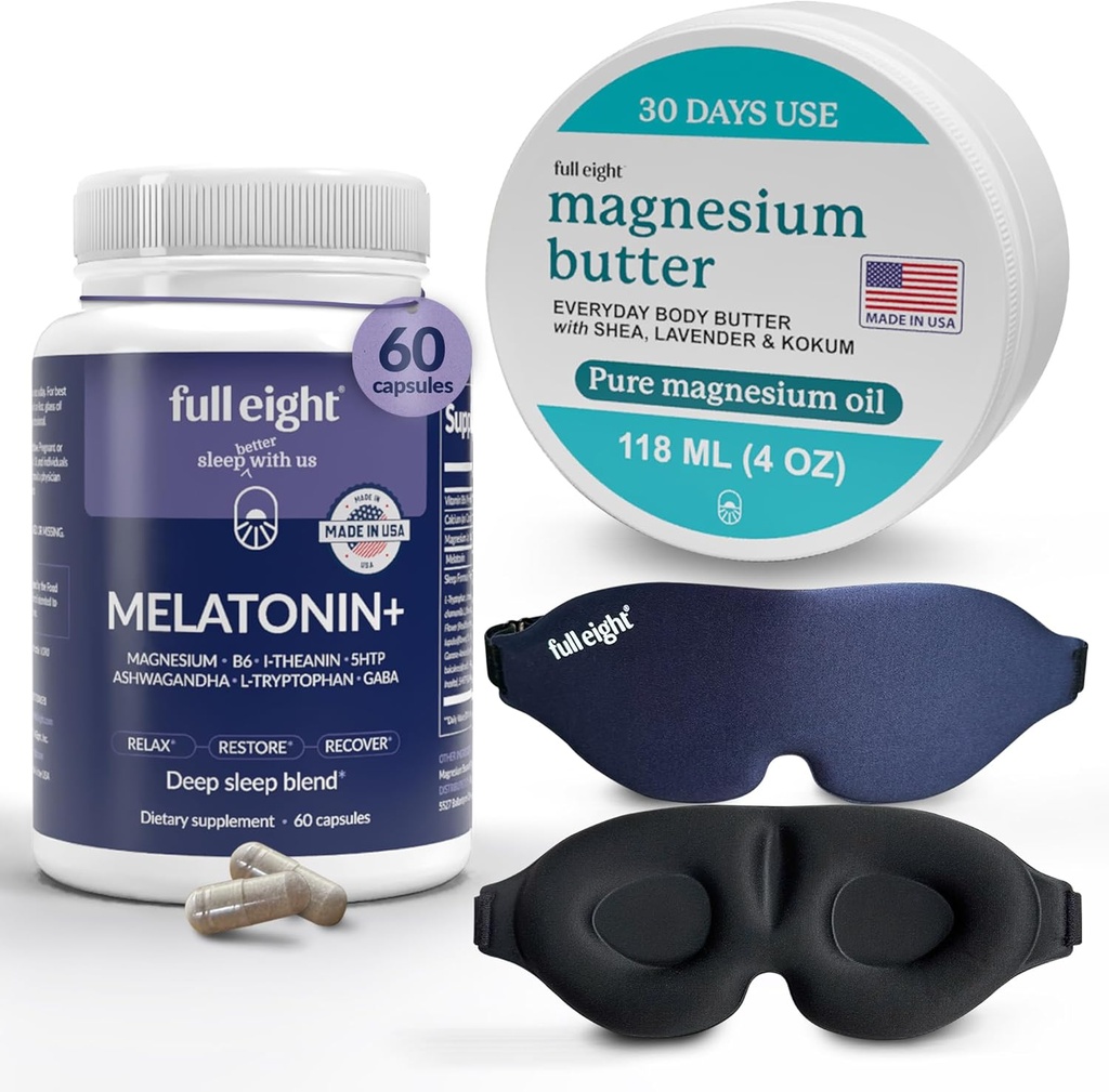 Sleep Bundle: 3D Light Blocking Sleep Mask, Melatonin+ Fast Dissolve Melatonin תוספי 60 קפסולות, ו- Magnesium Body Butter for Tensed Legs & השרירים, 4oz Cream