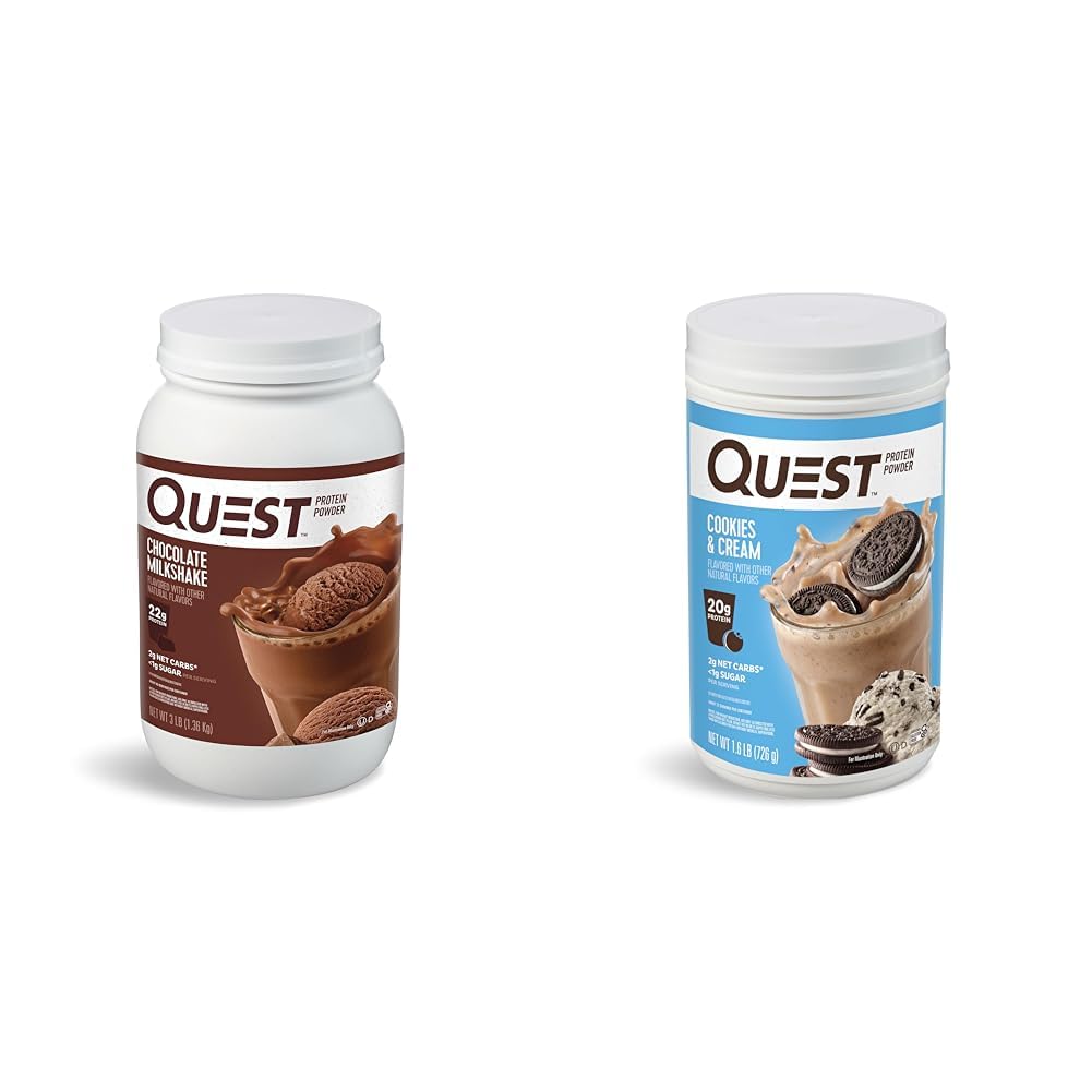 Quest Nutrition Chocolate Milkshake Protein Powder, 22g Protein, 1g Sugar, Low Carb, Gluten Free, 3 Pound, 43 Servings & Cookies & Cream Protein Powder; 20g Protein; 1g Sugar; Low Carb; Gluten Free