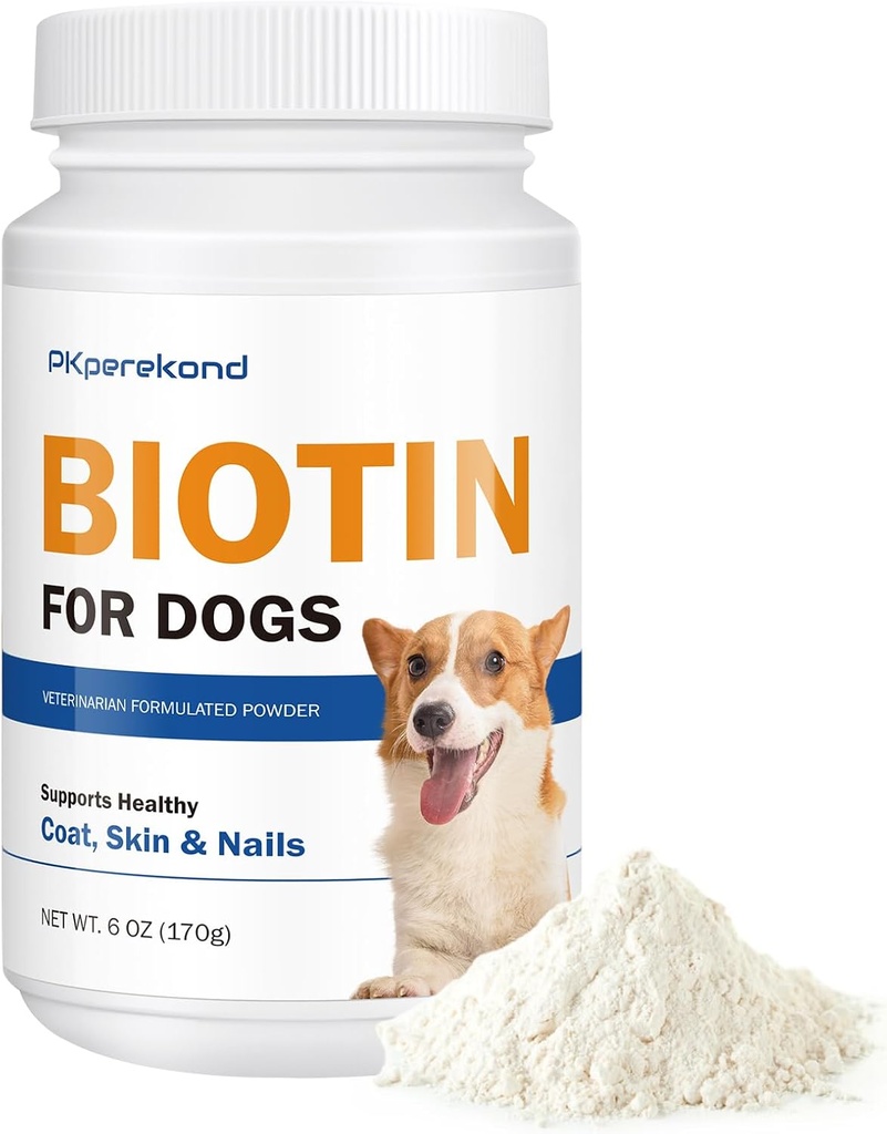 Biotina para cães, Suporta revestimento brilhante e pele saudável, Fortalece as unhas do cão, Biotina em pó Suplemento para pastoreio de cão, Alívio de pele seca para cães, 6 oz