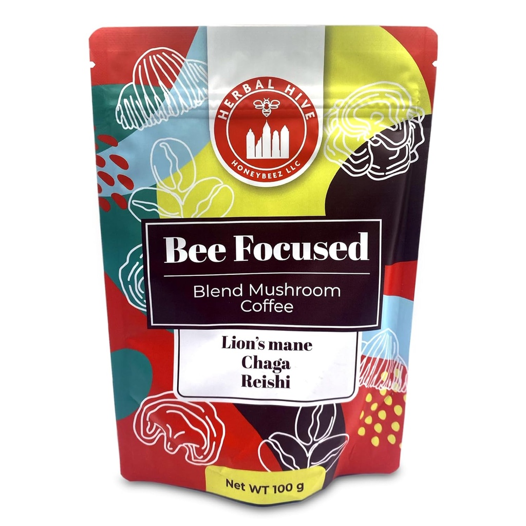 Café de Cogumelo por Erva Colmeia Bee Focused Inclui Adaptogens Reishi, Mane de Leão, e Chaga Superfood Low Acid Instant 30 Servings (3,5 oz, Assada Escura)