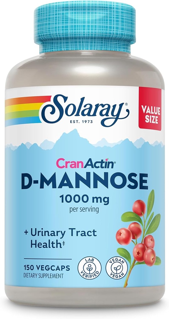 Solaray D-Mannose 1000mg med CranActin Cranberry Supplement 400mg, Urinal Tract Helse & Bladder Støtte Kapsler med vitamin C, Vegan, 60 dagers garanti, 75 Services, 150 Vegkapsler