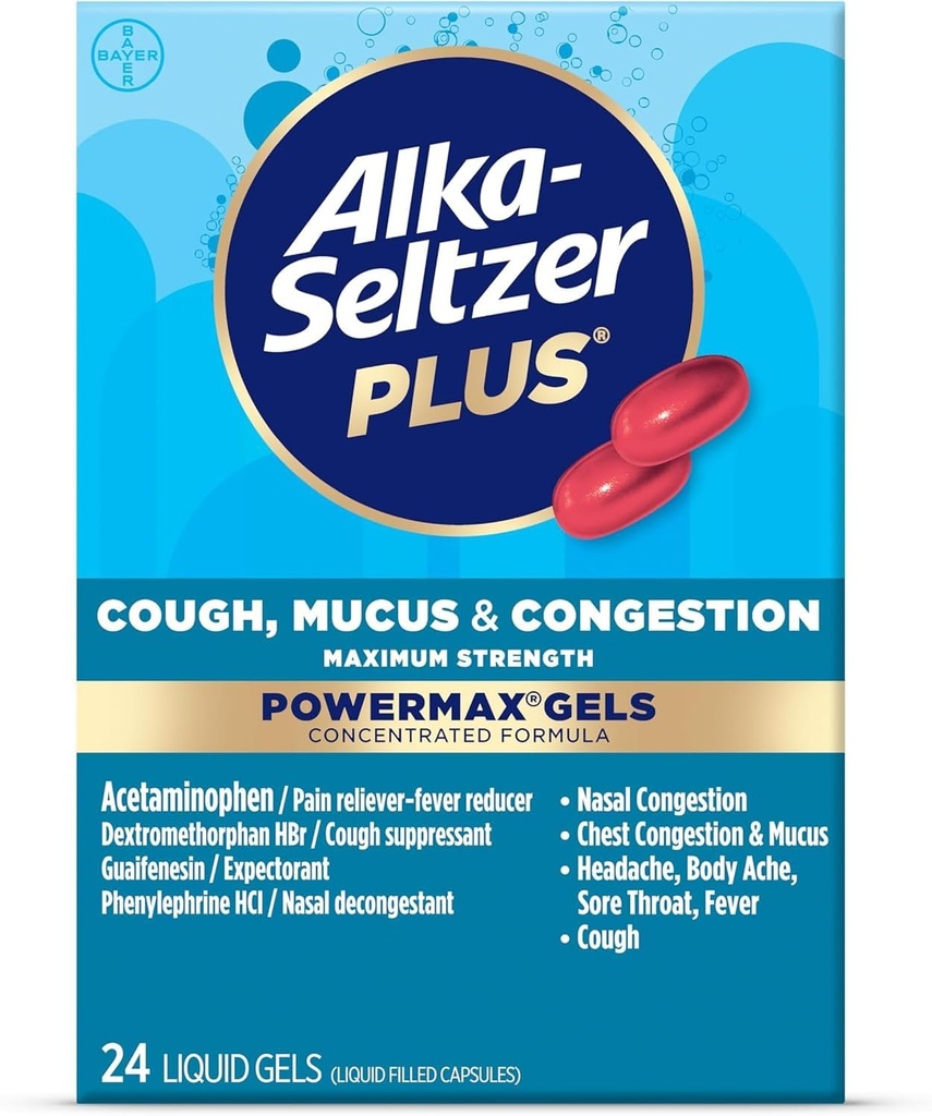 Alka-Seltzer Plus năng lượng tối đa Cough, Mucus & Congestion Powermax Gls, dự phòng nhanh và hiệu quả ngực, đổ thuốc giảm đau, Đối với người lớn và trẻ em 12 tuổi và 24 bá tước