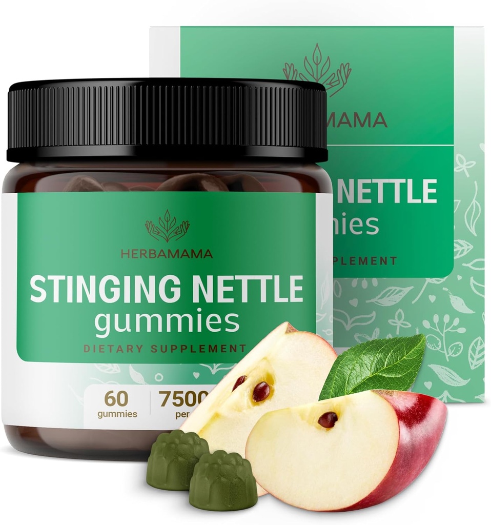 HERBAMAMA Stinging Nettle Gummies - 7500mg Stinging Nettle Root Extract for Urynary Tract Support for Women & Men - Vegan, Non-GMO Urtica Dioica Supplement - 60 Pectin- Based Apple- Flavored Chews
